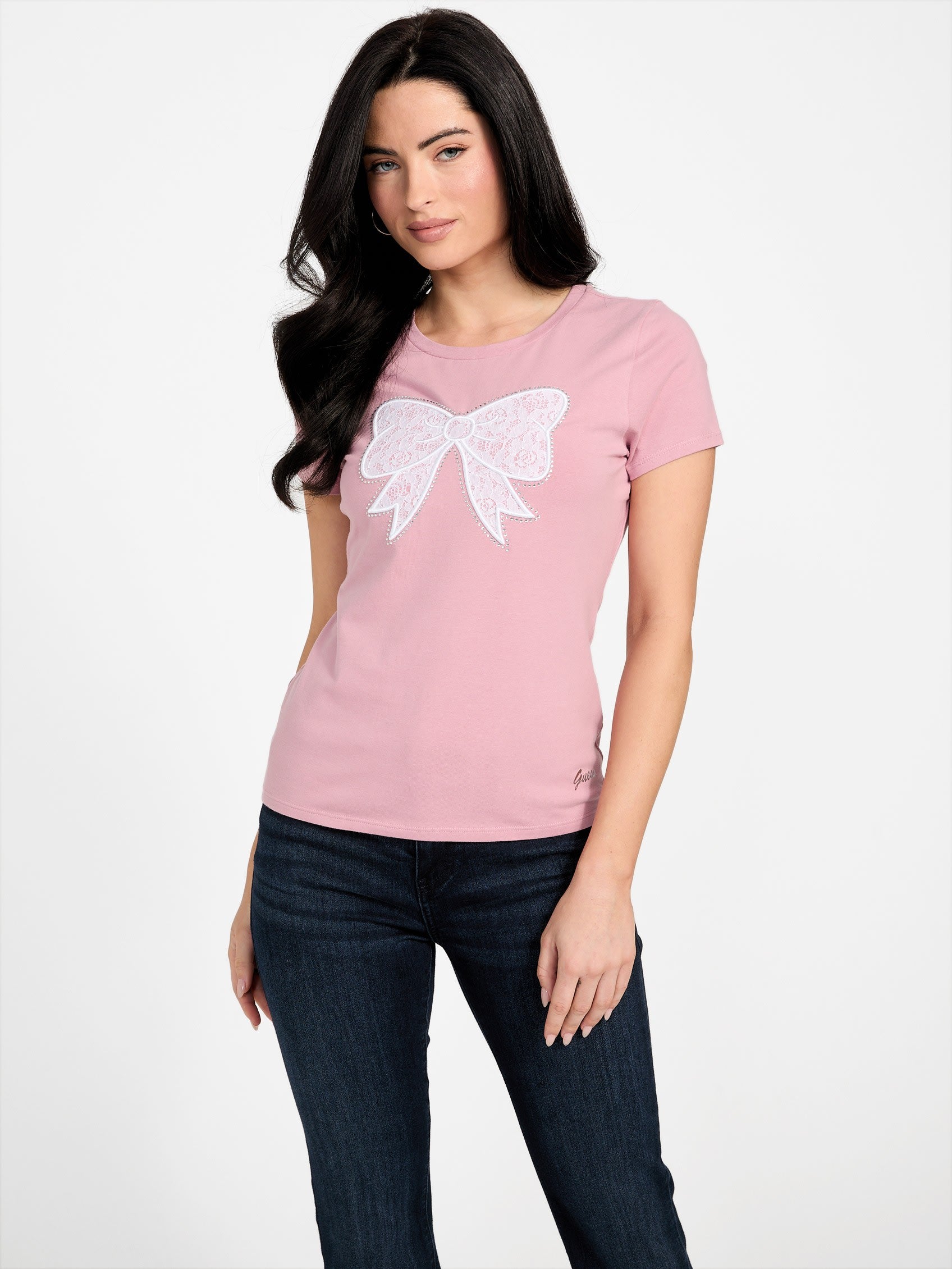 

Футболка с кружевом Eco Melany и бантом Guess Factory, цвет dusty phard