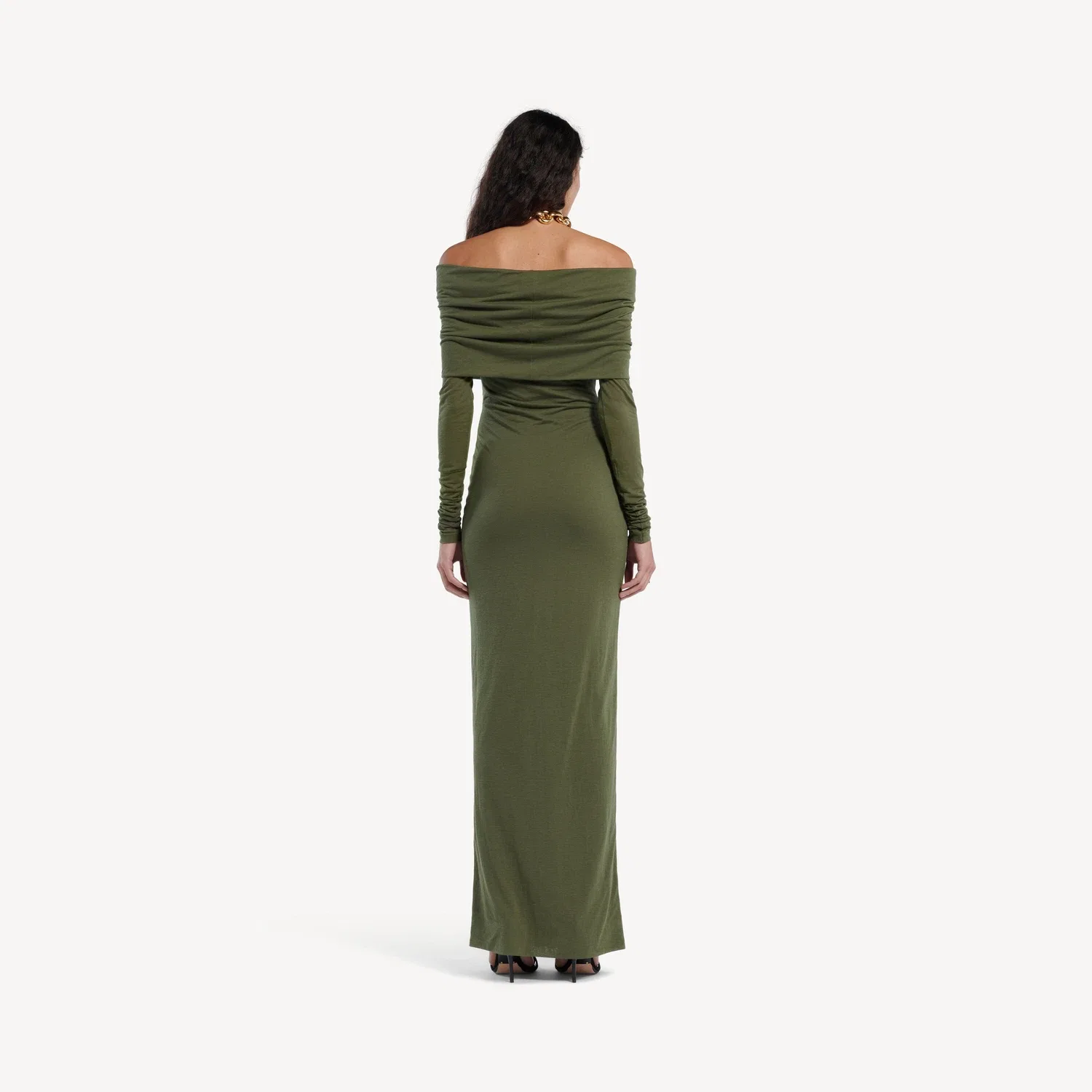 Женское платье с длинным рукавом и открытыми плечами цвета Military Green Balenciaga, хаки — фото 4
