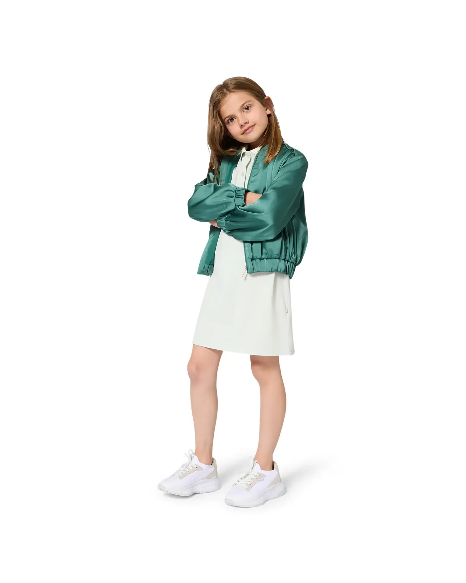 Платье для девочки с короткими рукавами из однотонного хлопка BOSS Kidswear, зеленый — фото 3
