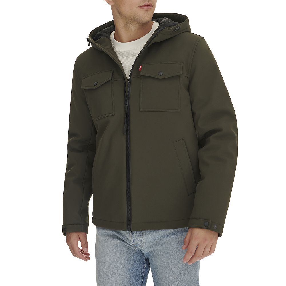 

Мужское штормовое пальто с капюшоном и стеганой подкладкой Levi's Soft Shell, цвет Olive