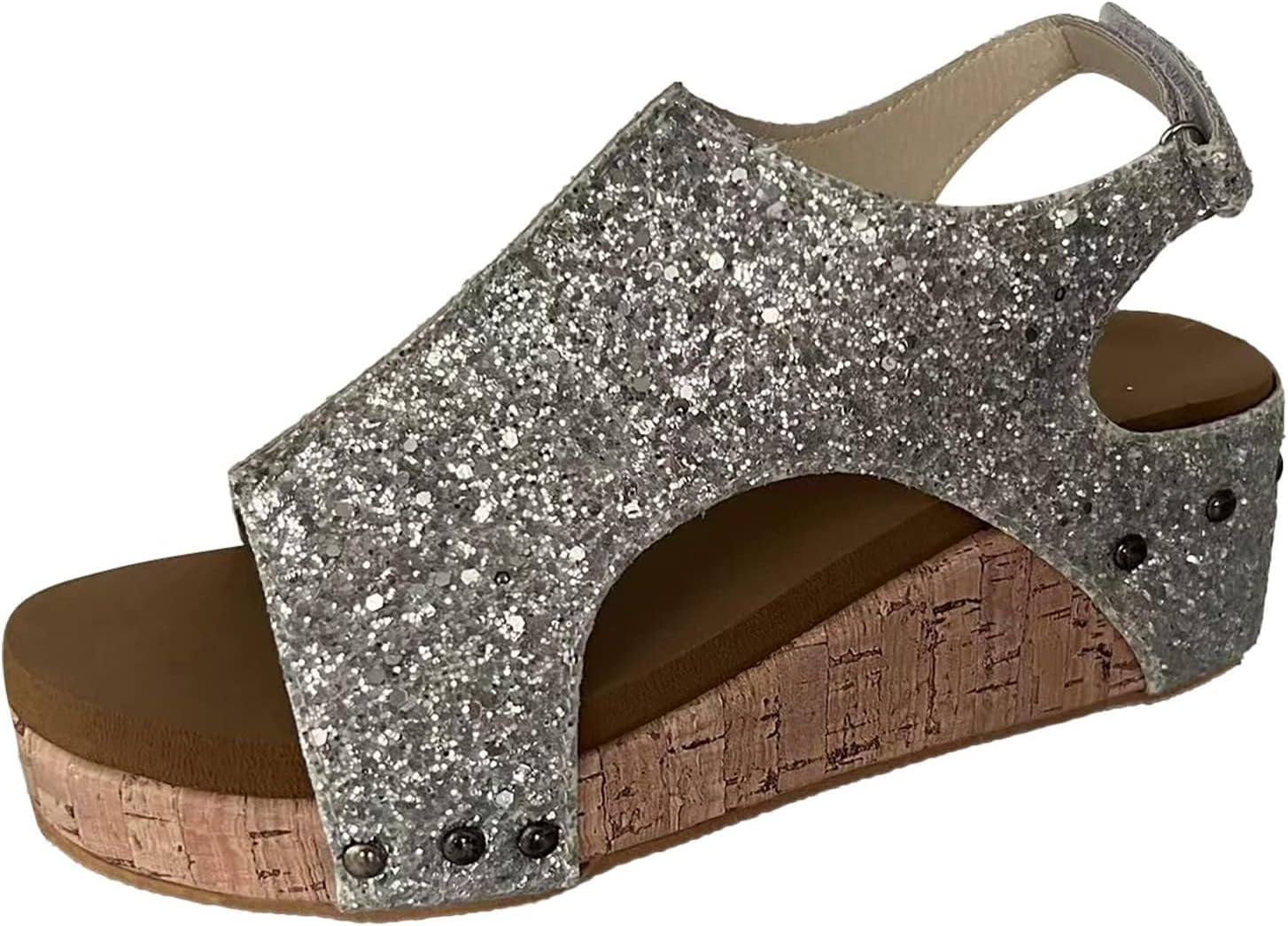 

Женские сандалии на танкетке, эспадрильи с ремешком на щиколотке, открытый носок, платформенные сандалии, застежка-липучка, удобные для ходьбы, идеально подходят для комфорта и стиля в течение всего дня Generic, серебро