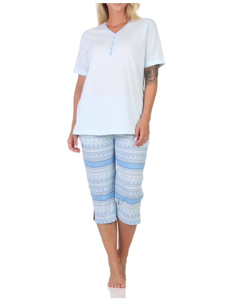 

NORMANN Пижама-капри с короткими рукавами, в этническом стиле, размеры 125, 204, 90, 226, светло-голубого цвета