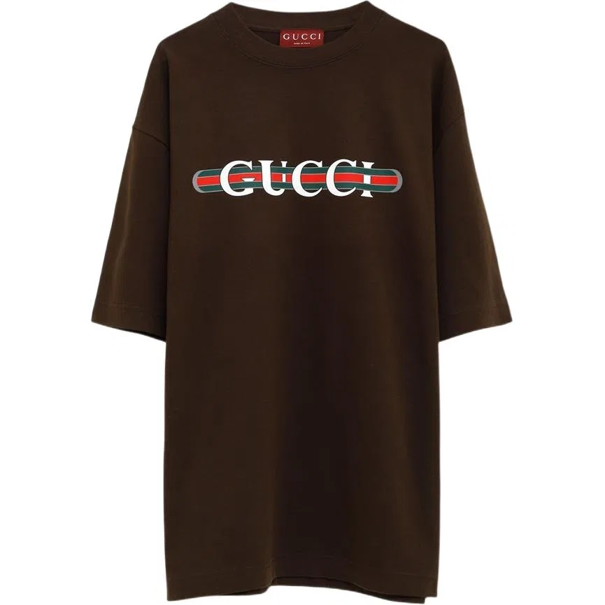 Футболка GUCCI с принтом логотипа, круглый вырез, коричневая