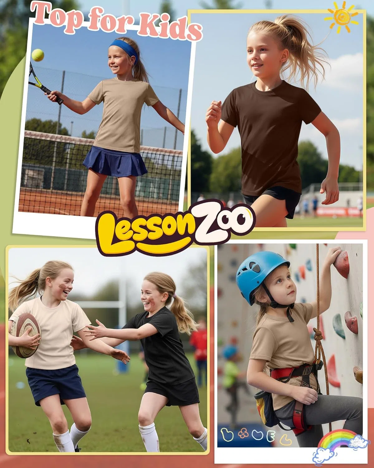 Детские спортивные футболки, быстросохнущие, LessonZoo, набор 4 шт, Light Khaki, Khaki, Brown, Black — фото 3
