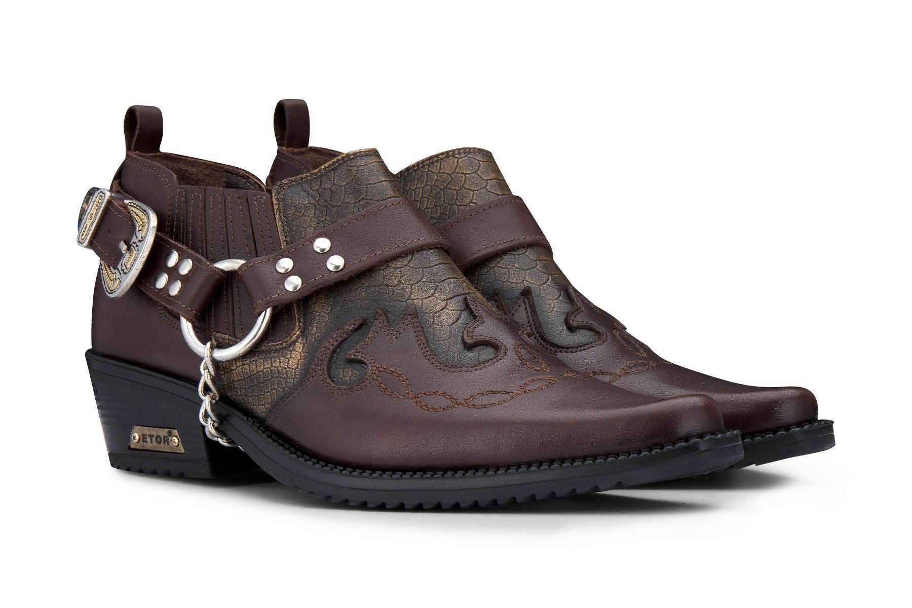 Мужские коричневые кожаные байкерские туфли Winklepicker в стиле змеиной кожи Infinity Leather — фото 3