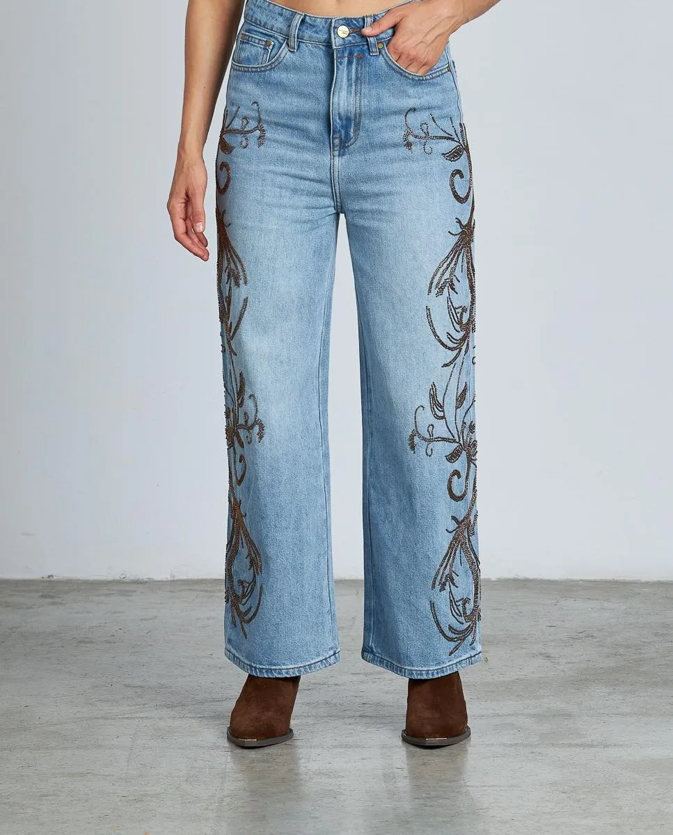 

Женские прямые джинсы с вышивкой и декоративными заклепками Alma en Pena, синий