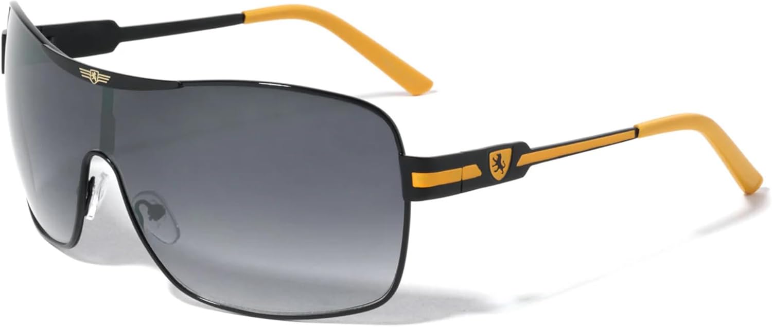 

Солнцезащитные очки Khan Wrap Around Shield Aviator One Piece с градиентными линзами (черно-желтая оправа, черные градиентные линзы) Khan Sunglasses, Black & Yellow Frame