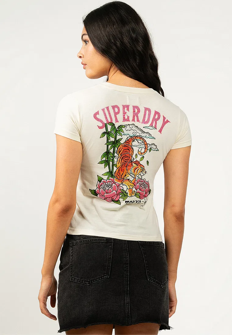 Футболка с принтом, облегающая, Tattoo Rhinestone Superdry, белый — фото 2