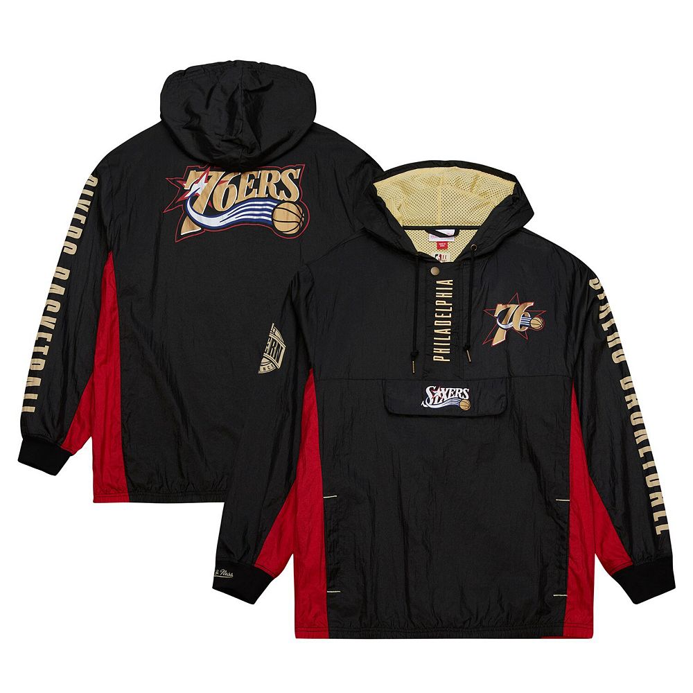 

Мужской анорак с капюшоном Mitchell & Ness Black Philadelphia 76ers Big & Tall Hardwood Classics Team OG 2.0, ветровка с капюшоном и молнией четверть, черный