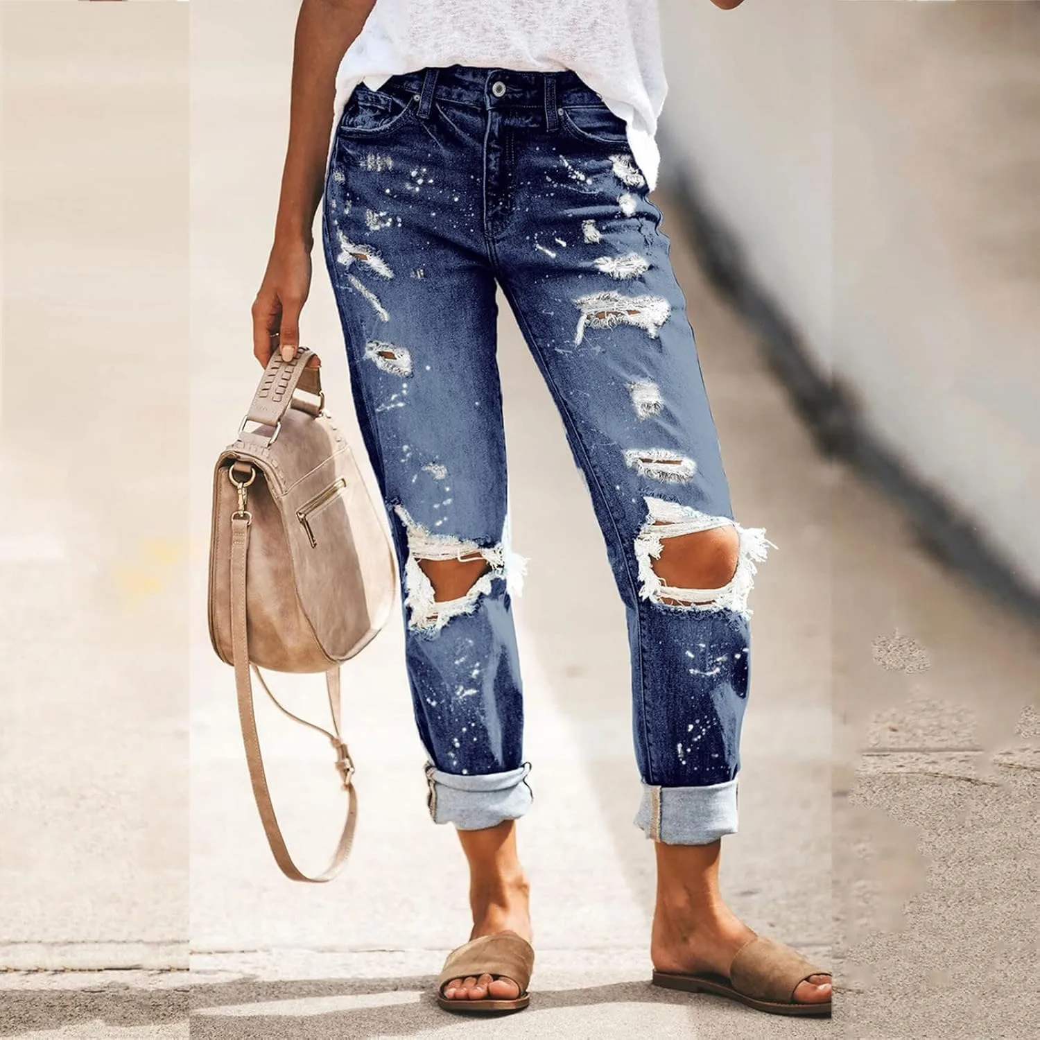 Женские рваные джинсы Mid Waisted Boyfriend Loose Fit Distressed Stretchy Denim Pant Vintage Y2k Streetwear с карманом — фото 2
