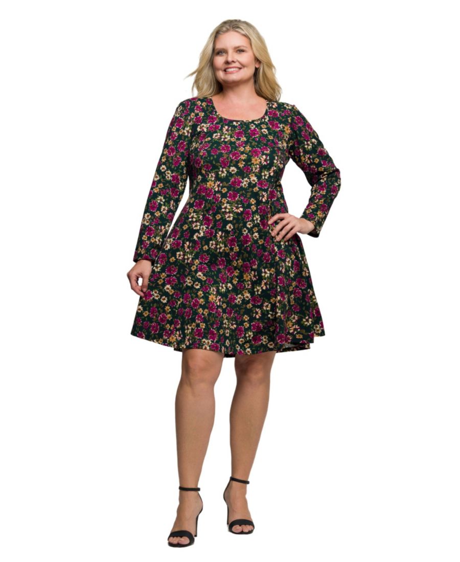 

Мини-платье большого размера с цветочным принтом, длинными рукавами, приталенного силуэта и расклешенной юбки 24seven Comfort Apparel, Multi