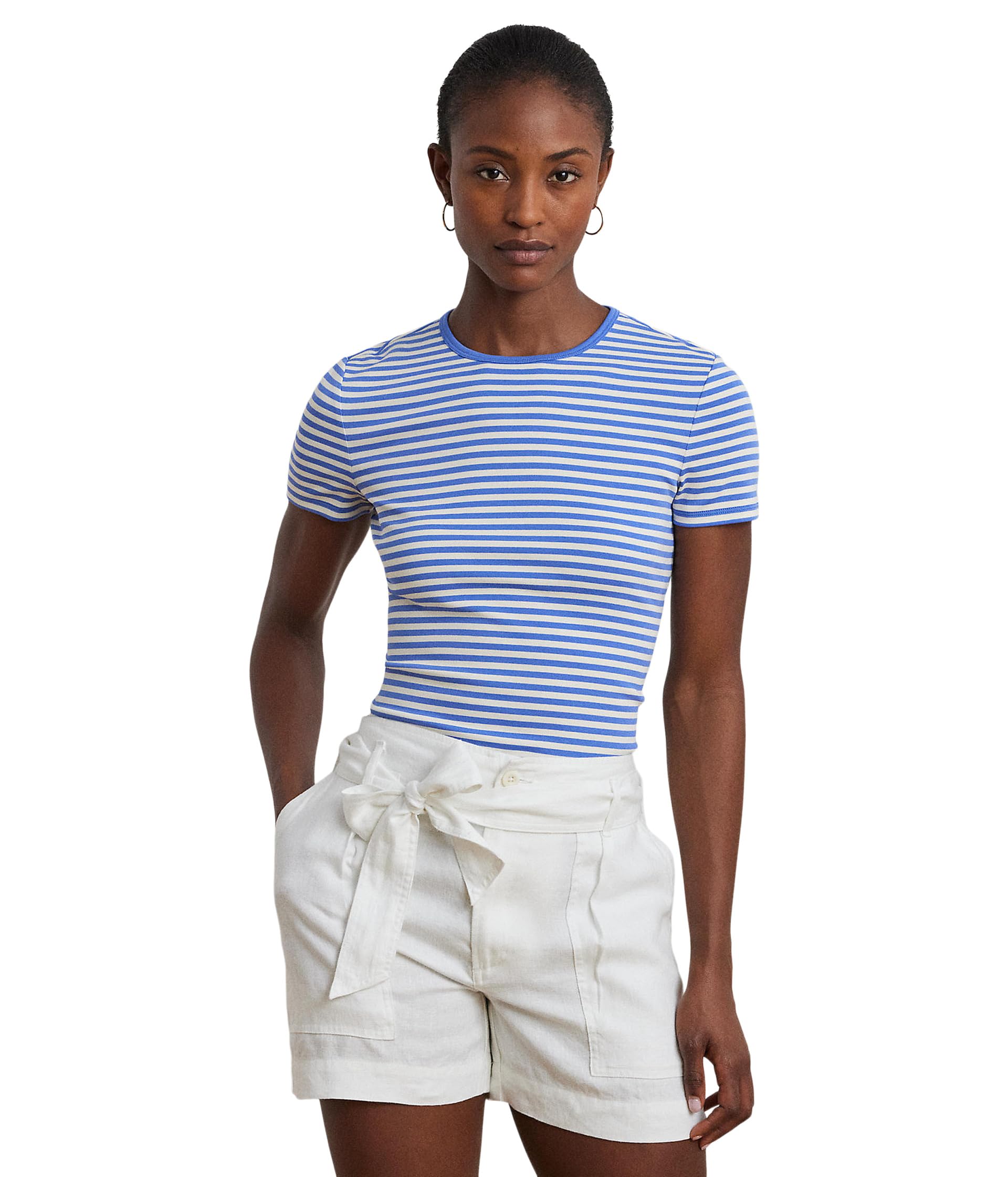 

Футболка Lauren Ralph Lauren Striped Stretch Cotton Crewneck Tee, Soft Lazuli/Mascarpone CreamSee Less