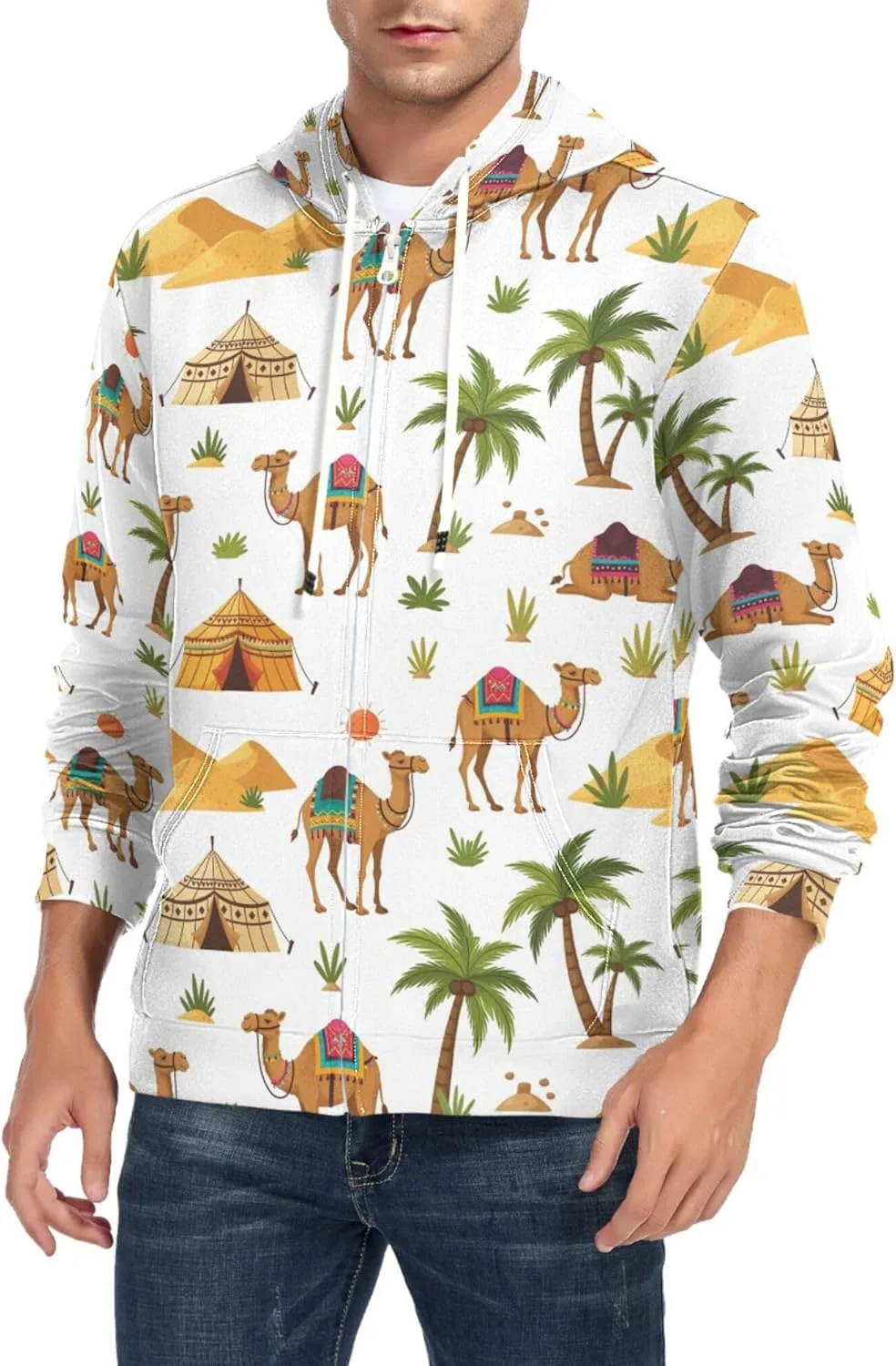 

Мужской худи с полной молнией Desert Scene с верблюдами, длинный рукав, с карманом CUPADA