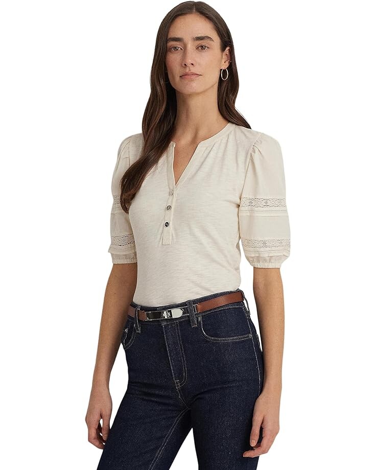 

Футболка LAUREN Ralph Lauren Lace-Trim Jersey Puff-Sleeve Henley, цвет Mascarpone Cream