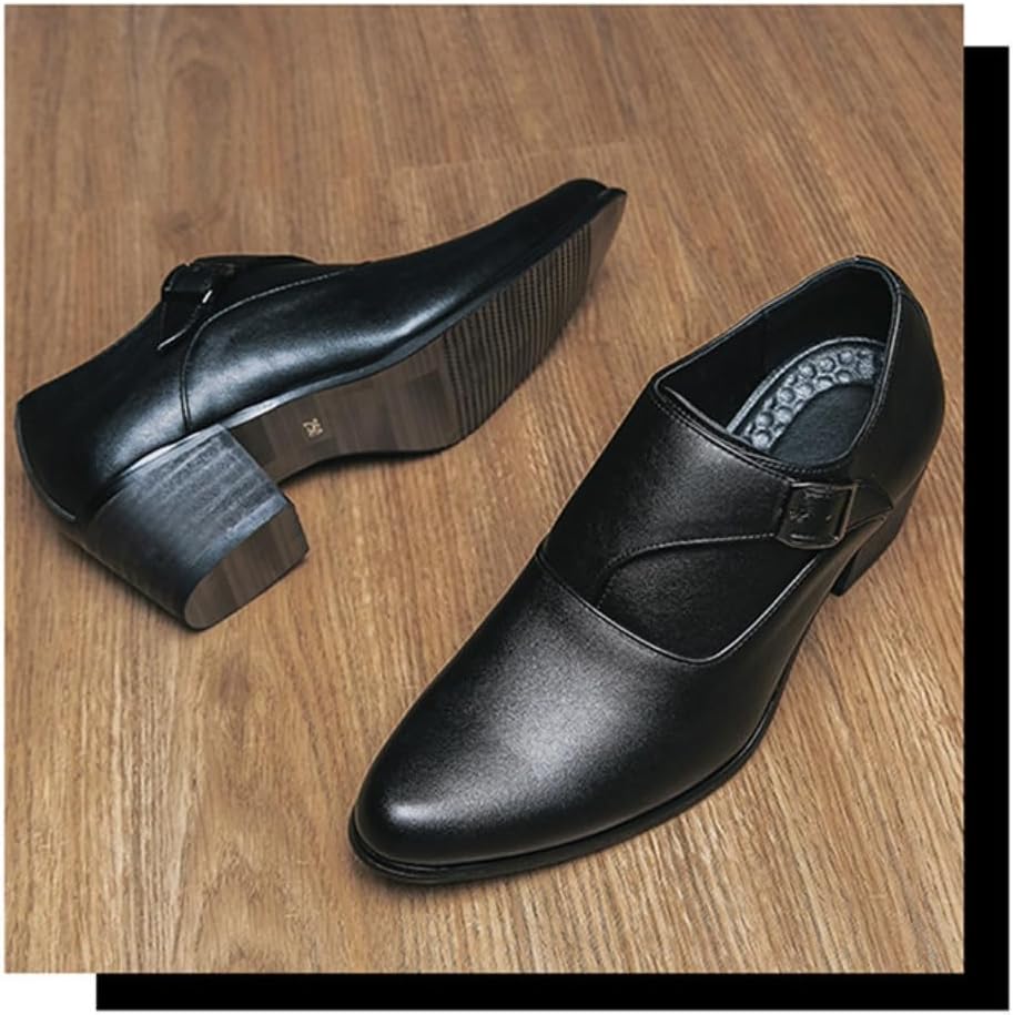 Мужские туфли Monk Strap Классические Ретро Формальные Деловые Лоферы Легкие Кожаные Слипоны Комфортные С Высоким Каблуком Однотонные Заостренные Носки С Пряжкой Для Офиса Оксфорды Повседневные Элегантные Свадебные Обувь Geerta, черный — фото 3