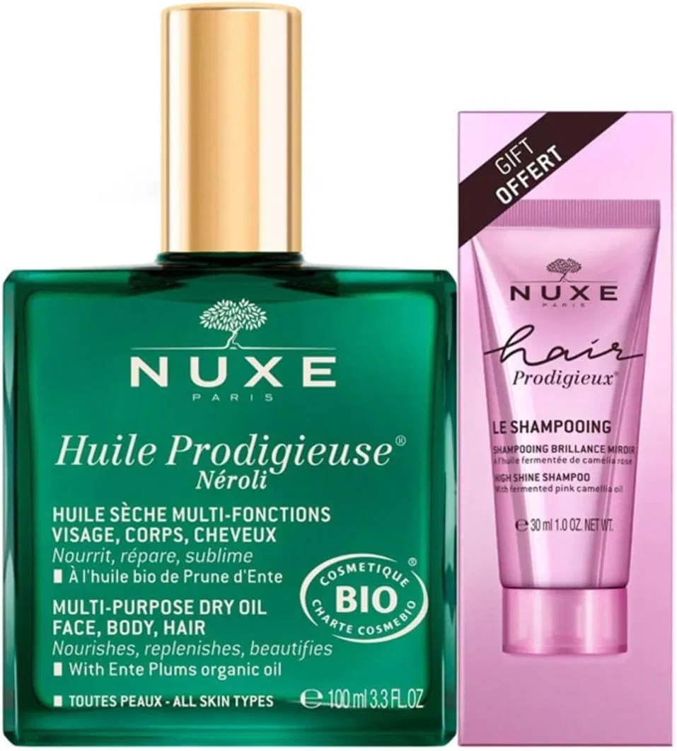 Набор Nuxe: масло «Huile Prodigieuse Néroli Bio» 100 мл и шампунь «Hair Prodigieux Le Shampoo Brillance Miroir» 30 мл ‎Nuxe