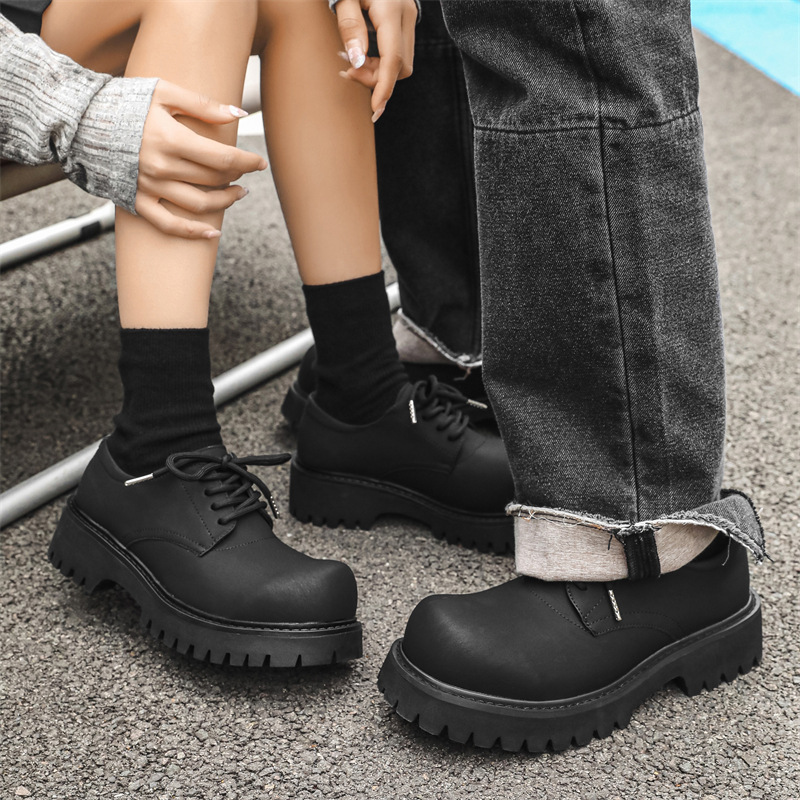 Трендовая обувь Derby Unisex пара кожаные туфли черные повседневные кожаные ботинки на платформе со шнуровкой увеличивающие рост модель V05, желтый — фото 3