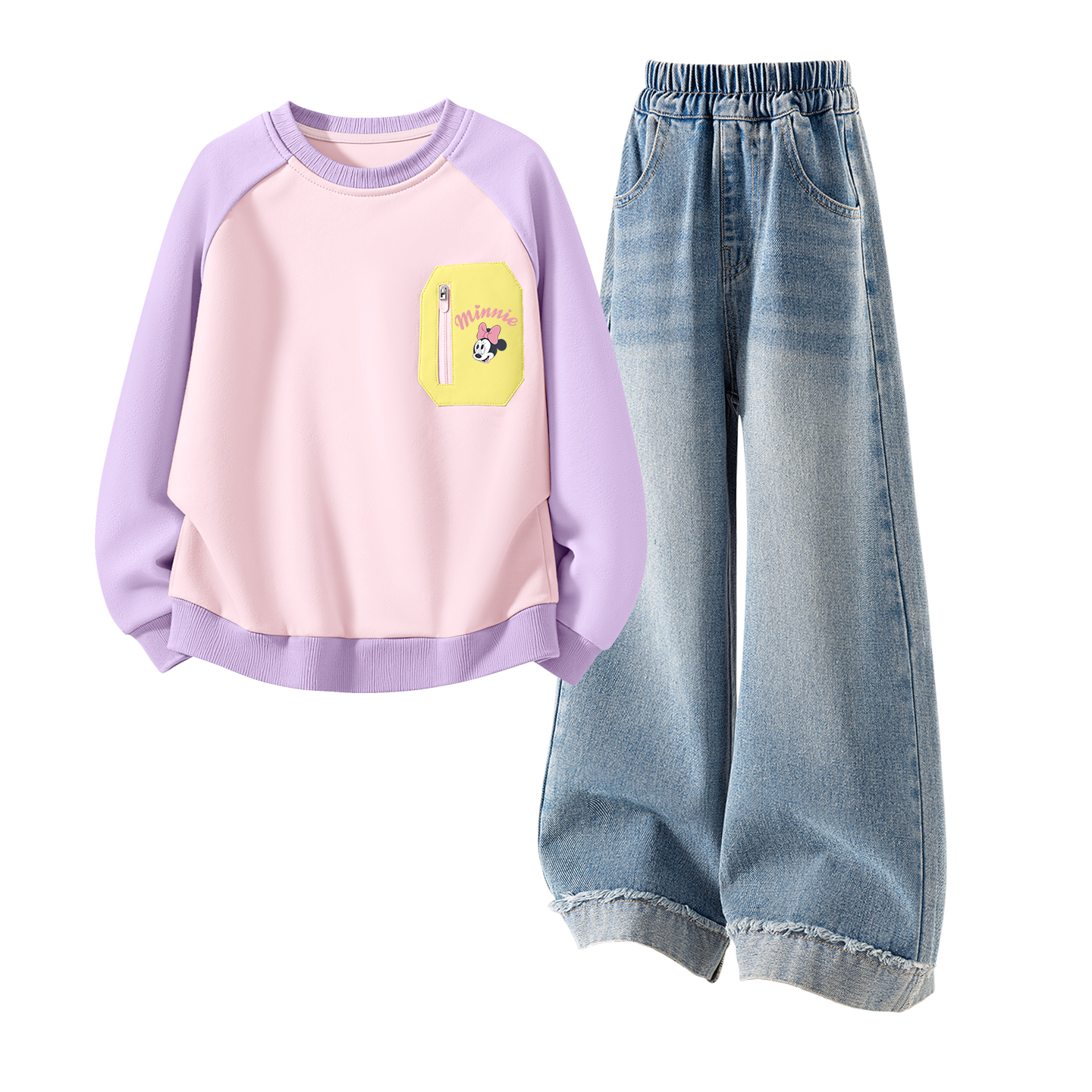 

Детская повседневная спортивная одежда с круглым вырезом Moderate Disney, silicone double eyelid k розовый фиолетовый+solid color denim светло-синий