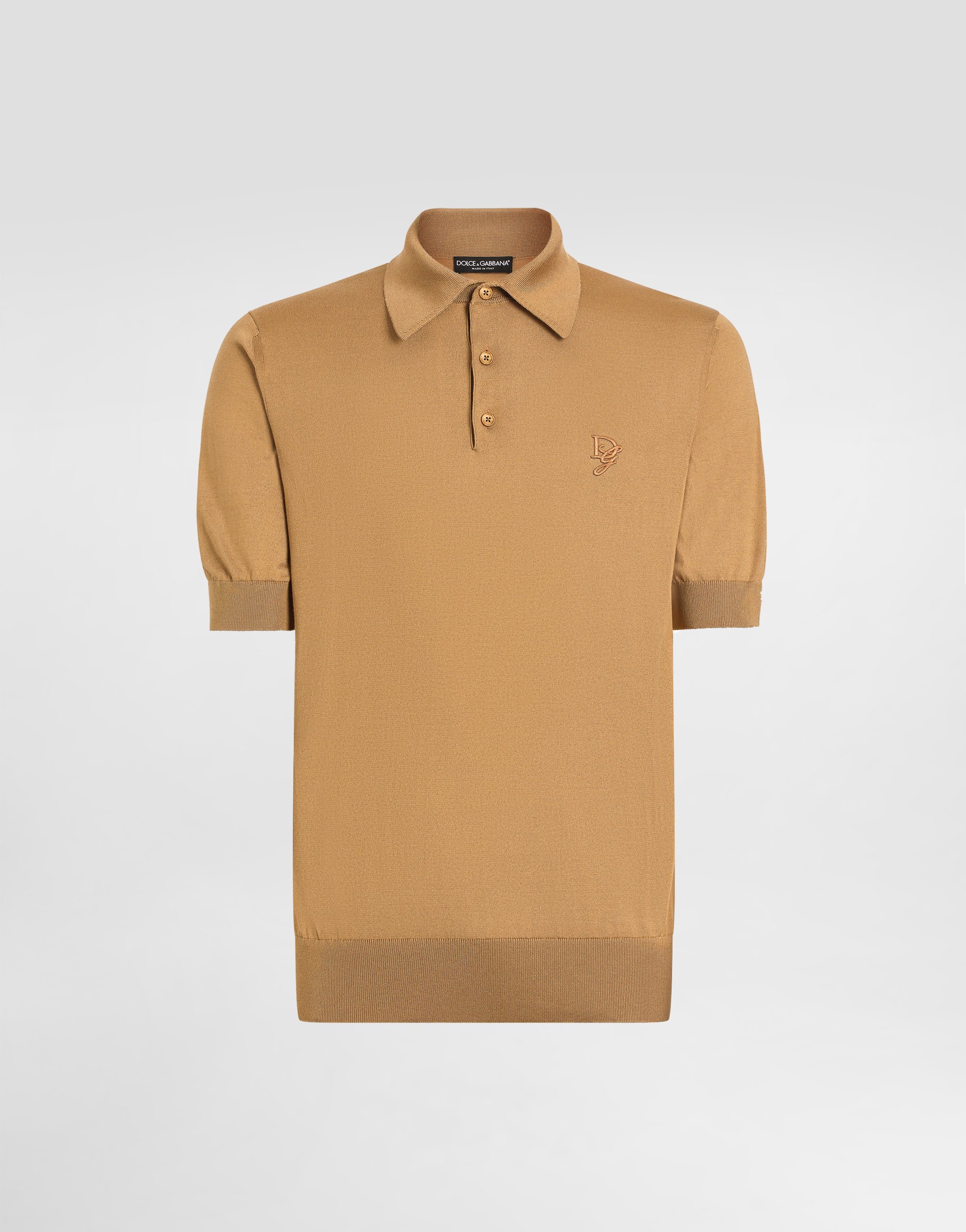 

Шелковая футболка-поло с вышивкой логотипа Dolce & Gabbana, бежевый