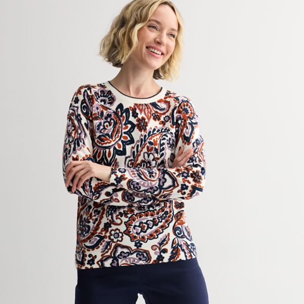 

Женский свитер с круглым вырезом и принтом Croft & Barrow, цвет ivory vivid paisley