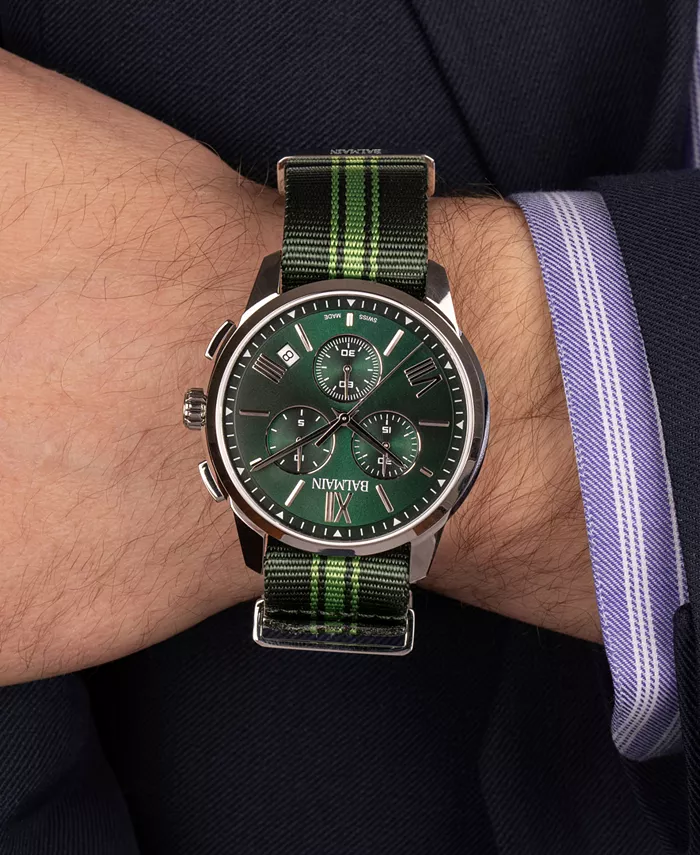 Мужские часы Swiss Chronograph Madrigal с темно-зеленым полосатым ремешком NATO, 42 мм Balmain — фото 4