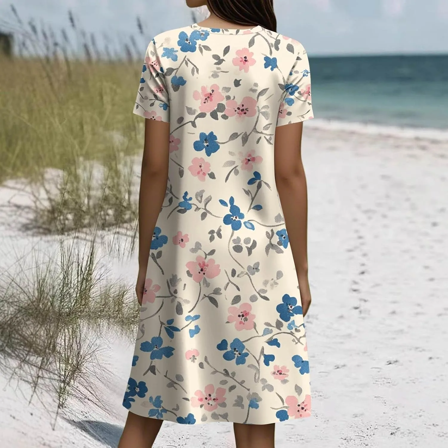 Женское летнее платье 2026 Beach Flower Boho с коротким рукавом, свободное повседневное платье-футболка с круглым вырезом и карманами Generic, желтый — фото 4