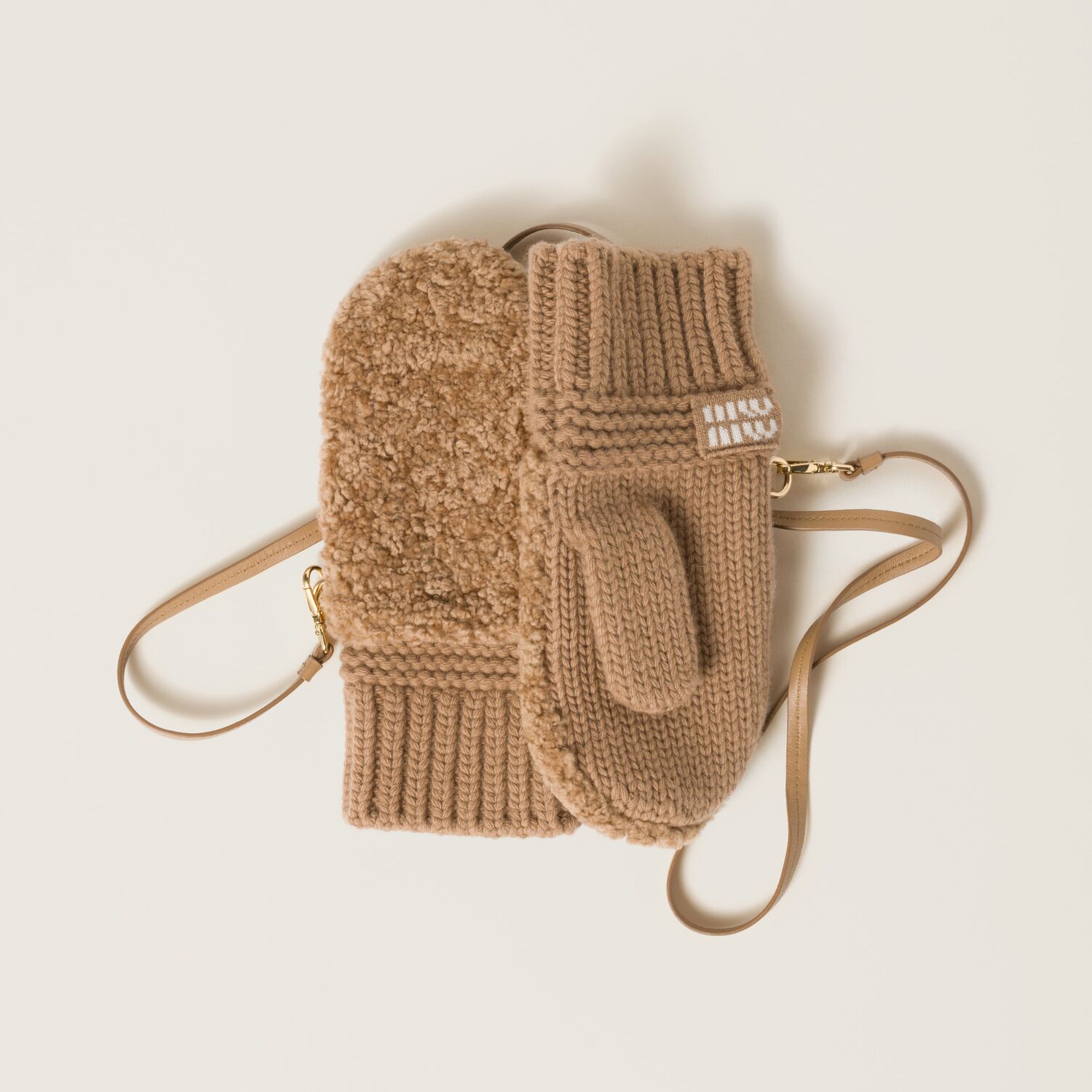 

Варежки из шерсти, кашемира и овчины MIU MIU, кемеловый коричневый