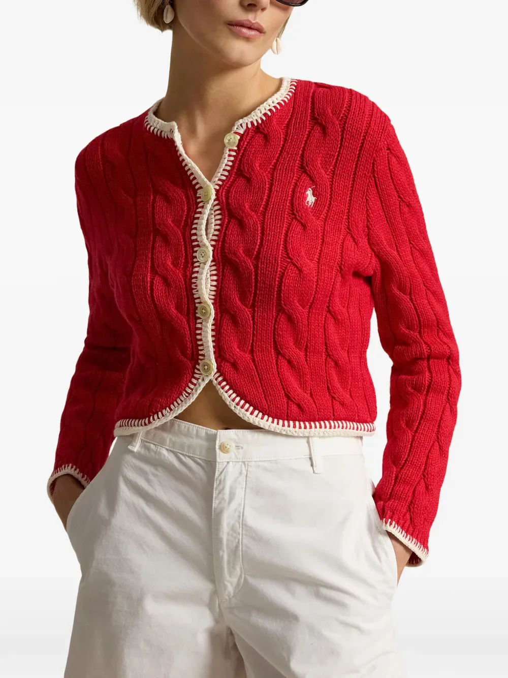 Укороченный кардиган фактурной вязки POLO RALPH LAUREN, красный — фото 3