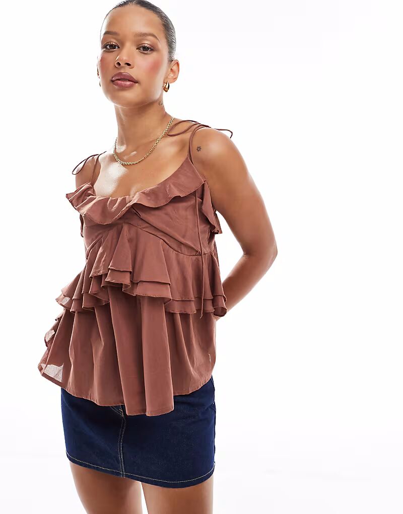 

Топ на бретельках ASOS DESIGN с оборками и завязками коричневого цвета