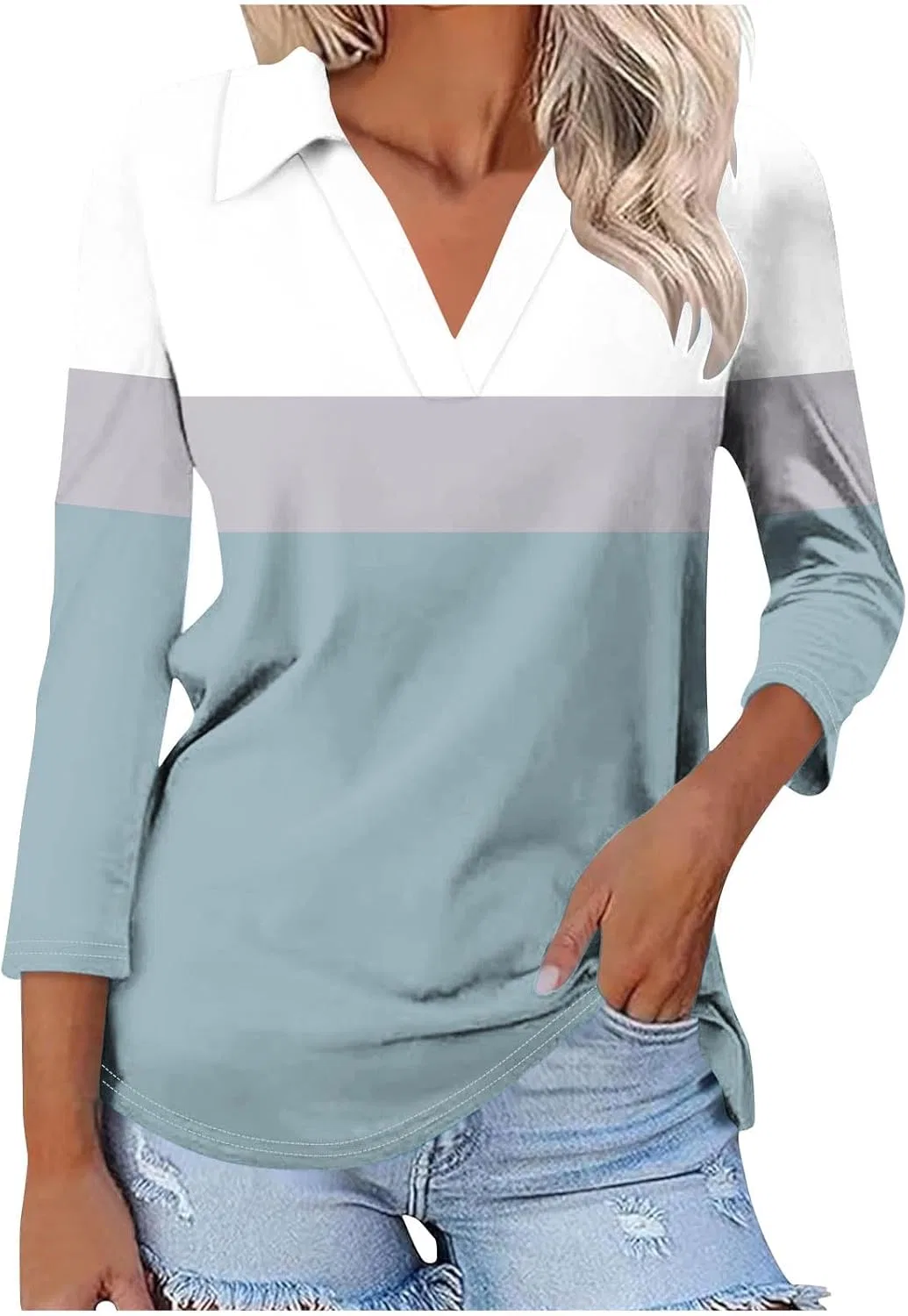 Женское поло с V-образным вырезом, 3/4 рукав, цветовой блок, Trendy 1#light Blue