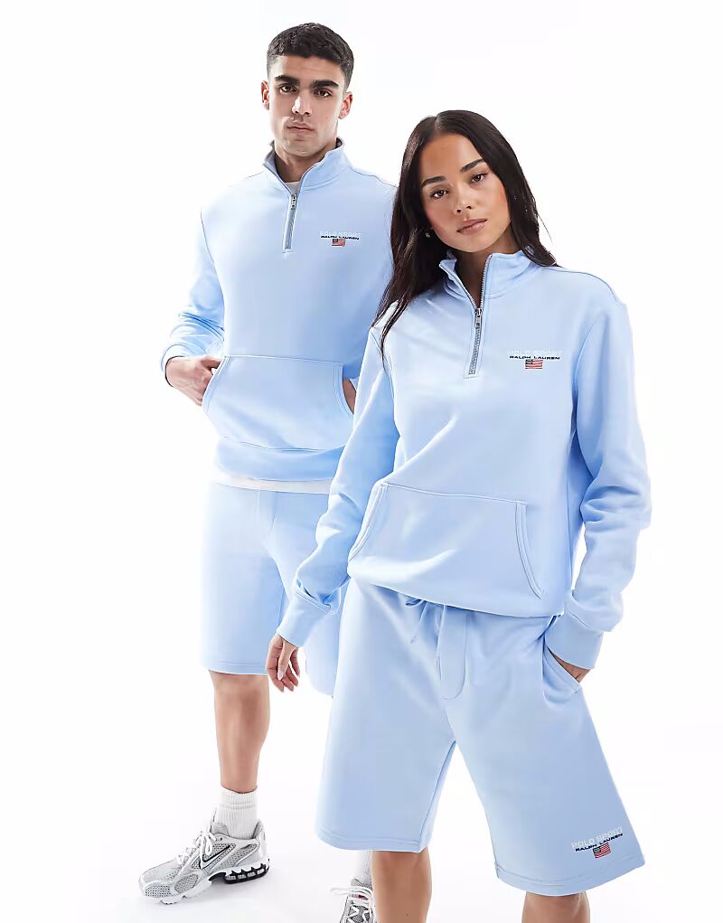 

Polo Ralph Lauren Sport capsule унисекс свитшот с небольшой грудью и логотипом на молнии светло-голубого цвета CO-ORD