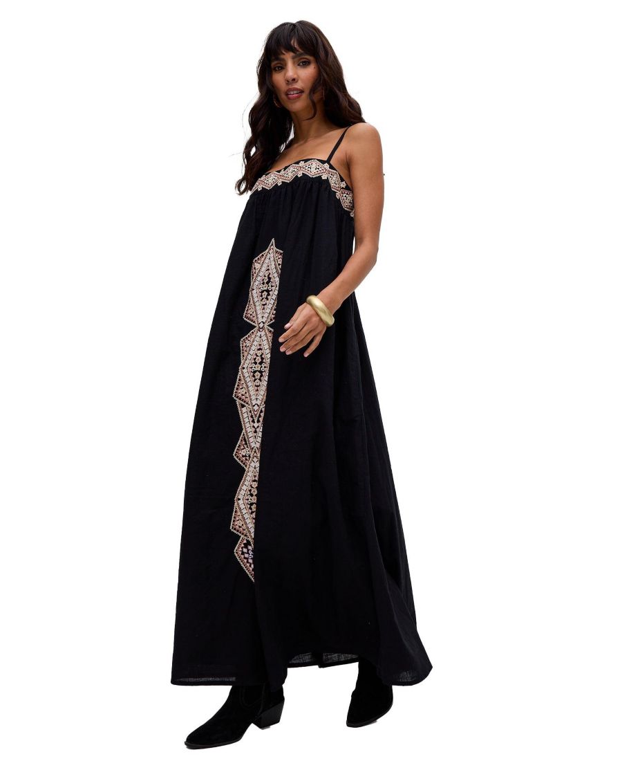 

Женское длинное платье цвета сапфир с тонкими бретелями и вышивкой Raffya, Black