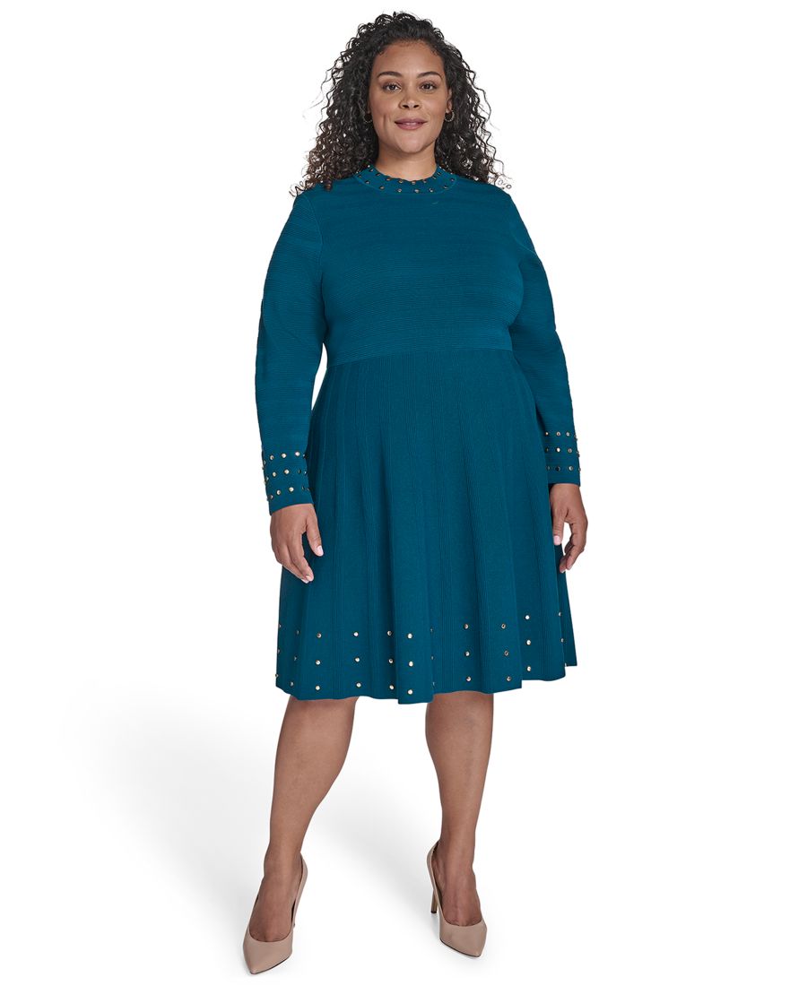 

Платье большого размера с воротником-стойкой и заклепками Vince Camuto, Peacock