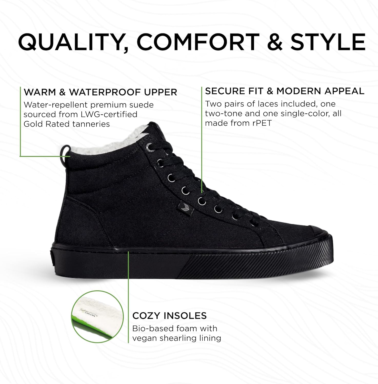 Ботинки Cariuma OCA Therma High Tops из замши, удобная обувь для мужчин, легкие и экологичные, универсальная повседневная обувь с 100 веганскими стельками и резиновой подошвой, черный — фото 2
