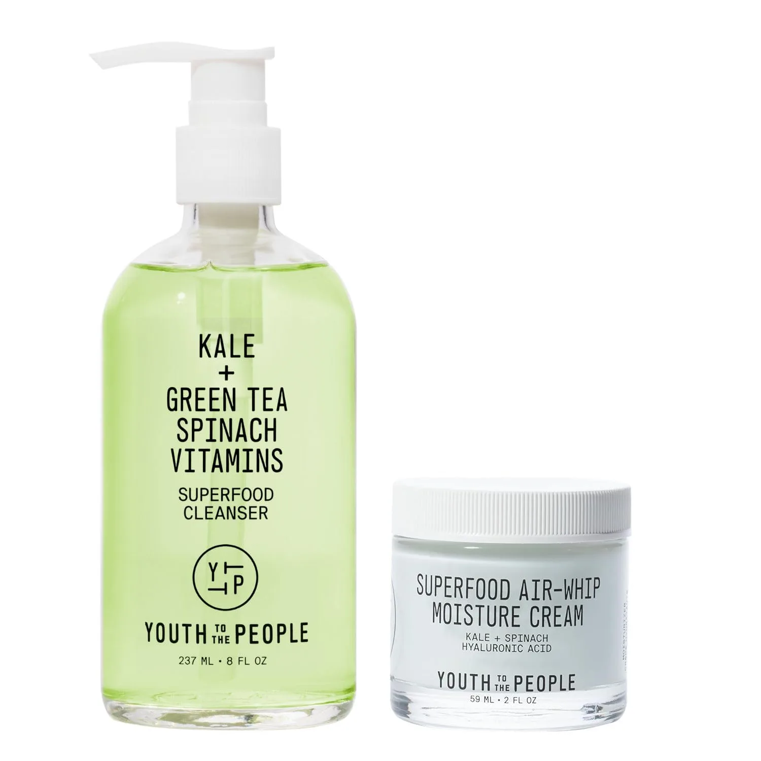Youth To The People Daily Cleanse, Hydrate, Plump Skin Duo, набор из 2 средств, очищающее средство для лица Superfood Kale + Green Tea (227 г) + увлажняющий крем Superfood Air Whip (57 г), для всех типов кожи, green
