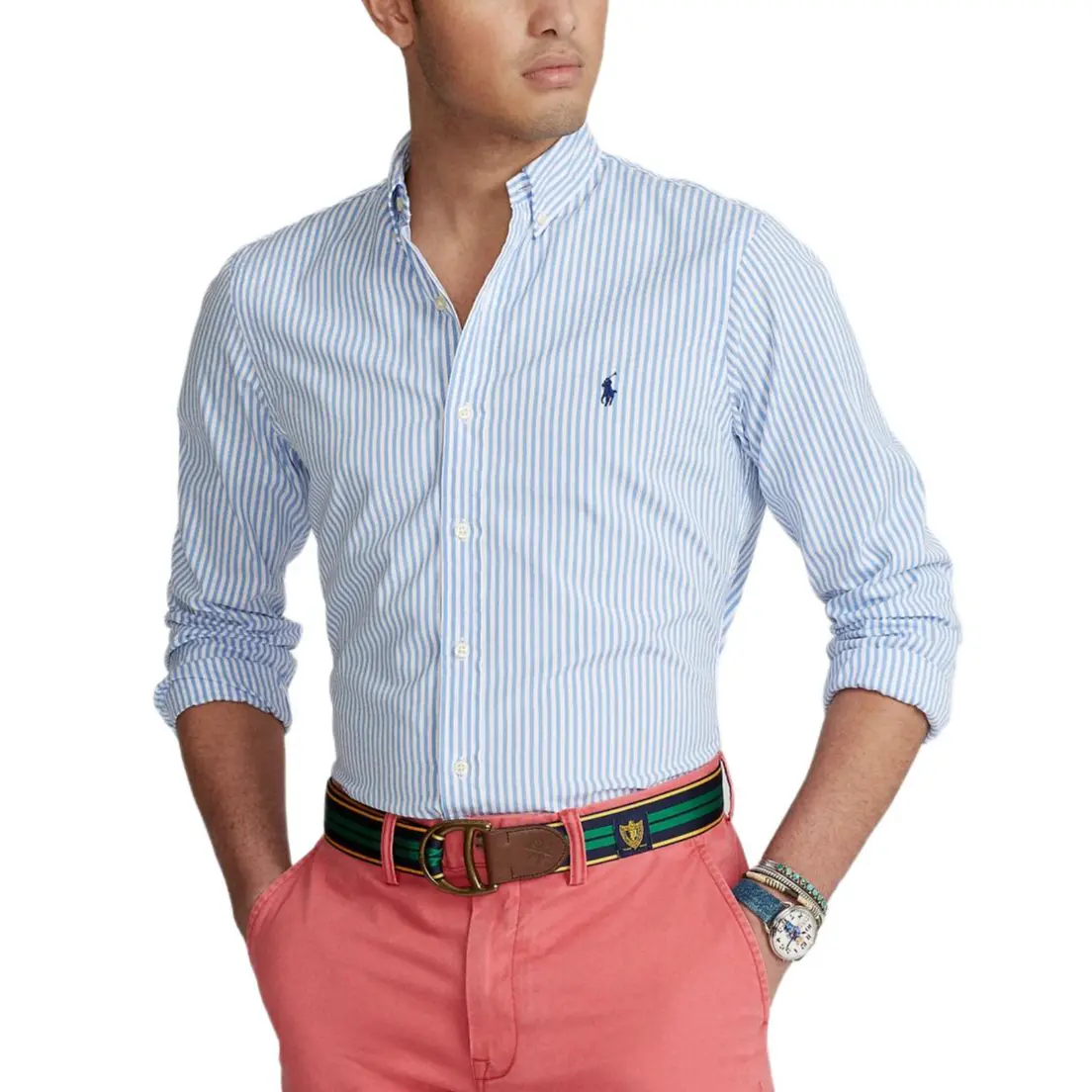 Хлопковая льняная рубашка Polo Ralph Lauren, светло-голубой — фото 4