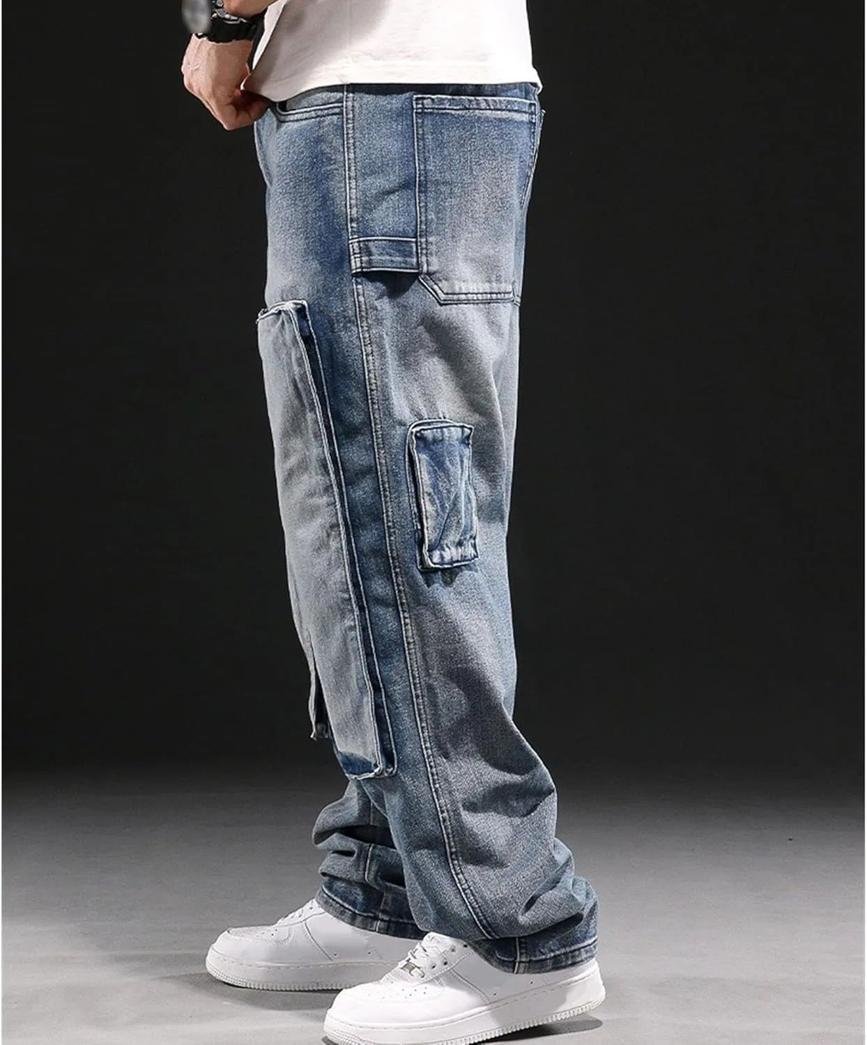 Джинсы свободные Men's Jeans Relaxed Fit Y2k Baggy Jeans Trendy Hip Hop Motorcycle Pants Straight Leg Skater Loose Denim Jean, синий — фото 2
