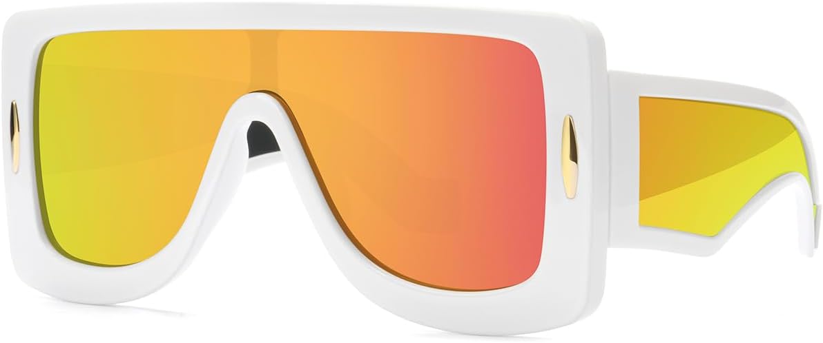 

Модные солнцезащитные очки-маска с анаграммой для женщин и мужчин, большие, с плоской верхней частью, модные солнцезащитные очки-щитки с защитой от УФ-излучения GFUIARA, White/Orange