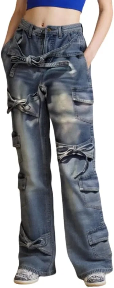 Джинсы Baggy с бантом, синие
