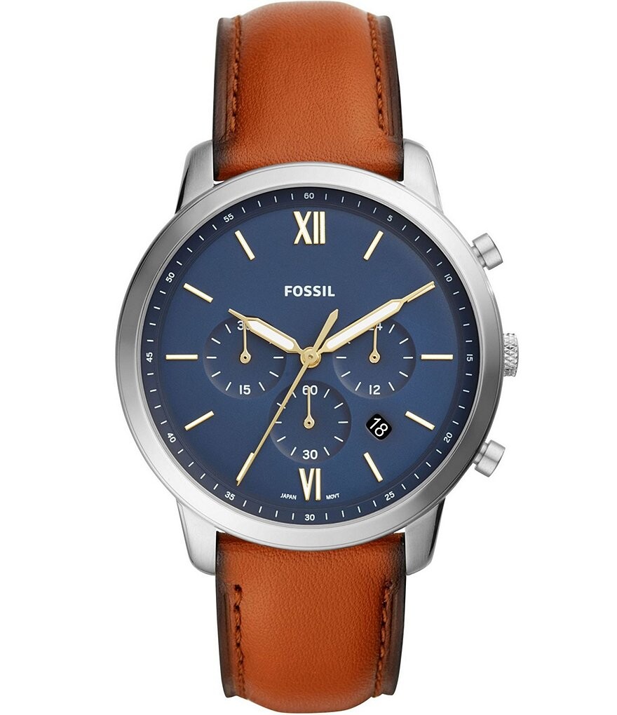 

Часы Fossil Neutra Chronograph с синим циферблатом и коричневыми кожаными часами, коричневый