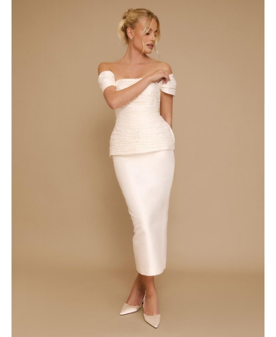 

Женское миди-платье с баской и сборками в стиле Бардо Six Stories, Ivory