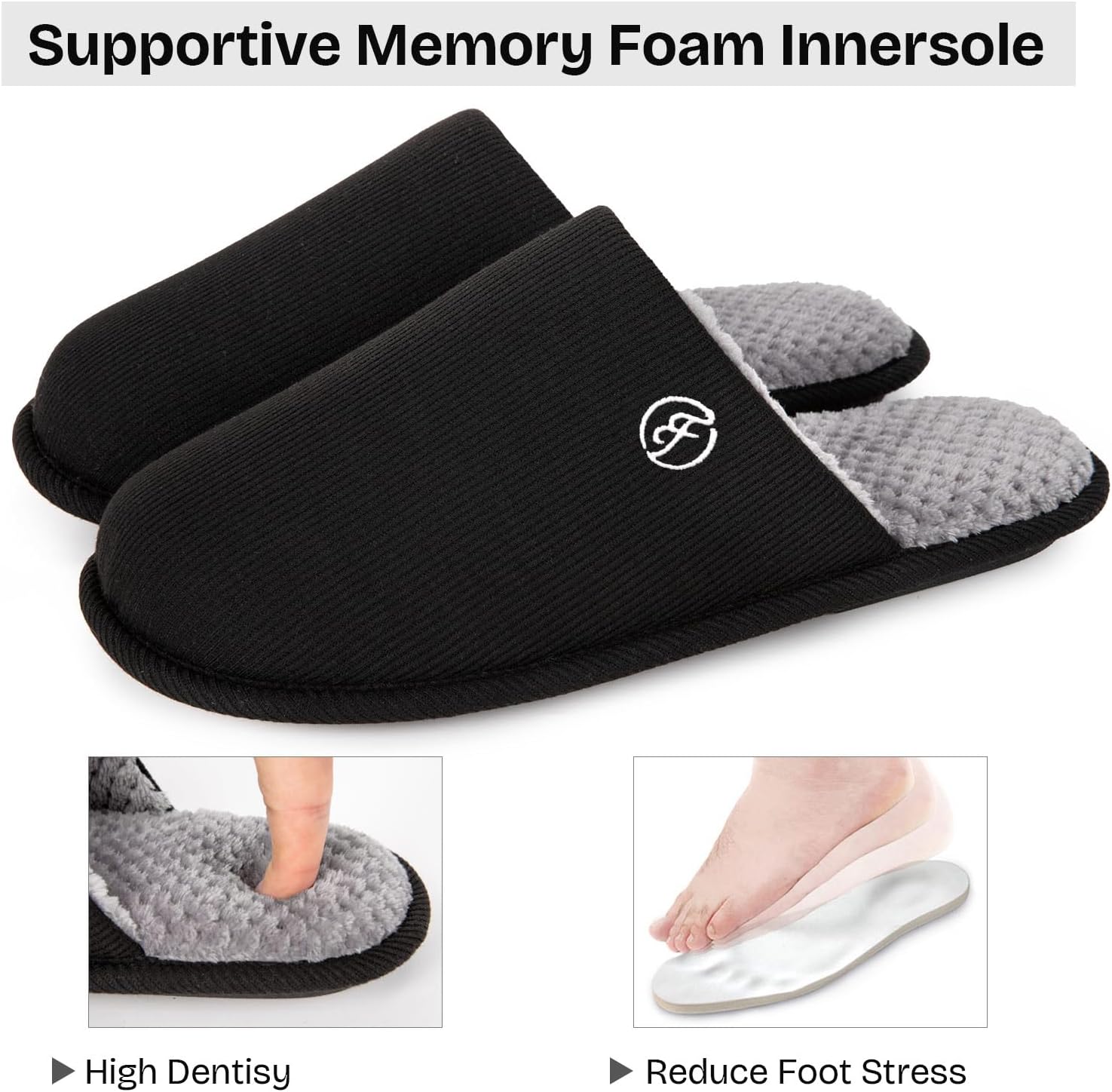 Мужские хлопковые вязаные тапочки EverFoams с легкой подошвой из пены с эффектом памяти для дома с антискользящей подошвой, черный — фото 4