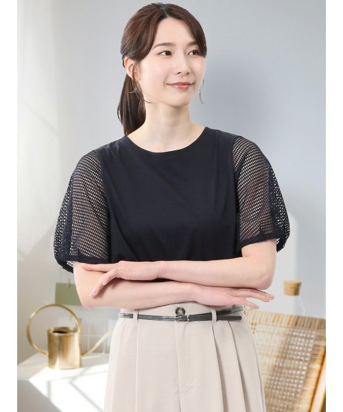 

M.f.editorial Женская футболка-пуловер с коротким рукавом, кружевная отделка, круглый вырез, эластичная, материал MF, темно-синий