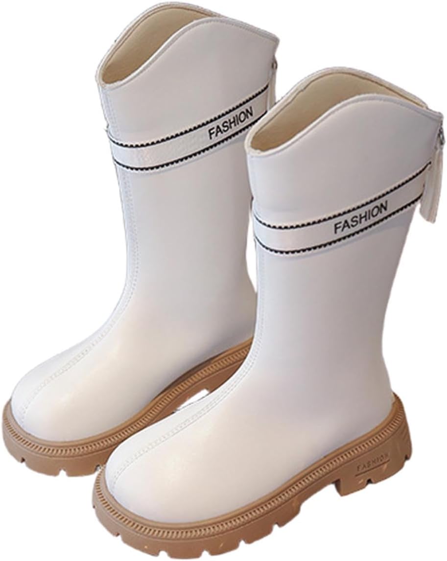 

Высокие сапоги до колена для девочки, модные, из искусственной кожи с задней молнией, высокие верховые или боевые ботинки, водонепроницаемые, с массивным низким каблуком Generic, White