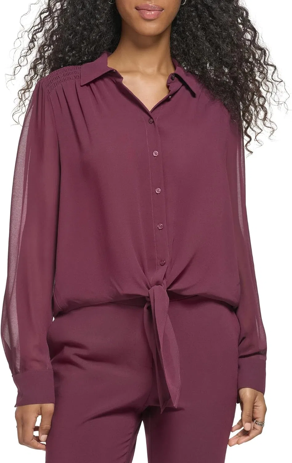 Блуза полишифоновая свободного кроя, Knot Front Smoked Shoulder, Calvin Klein, порт