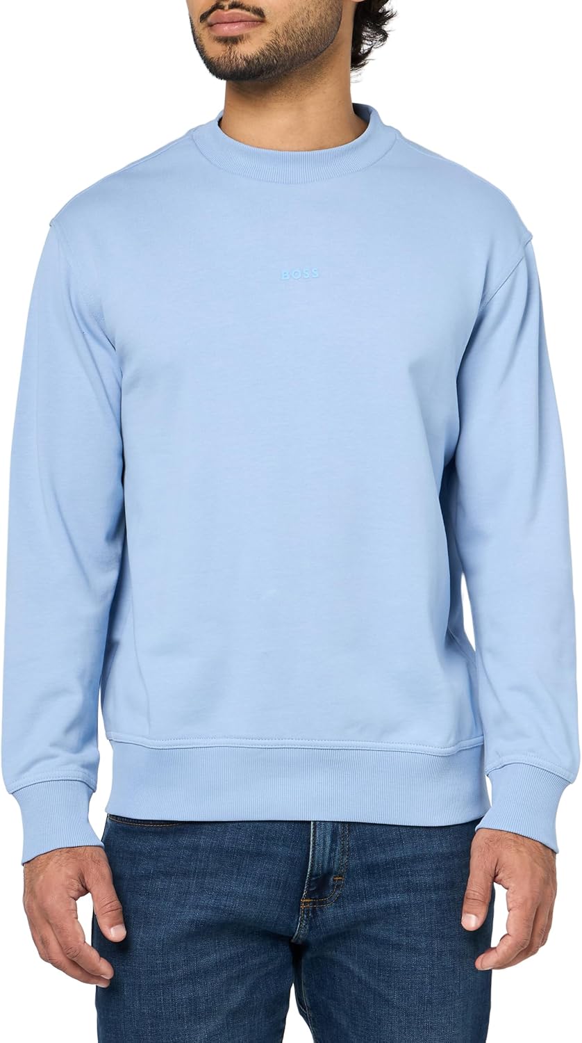 

BOSS мужской свитшот с центральным логотипом и круглым вырезом из френч-терри, Forever Blue