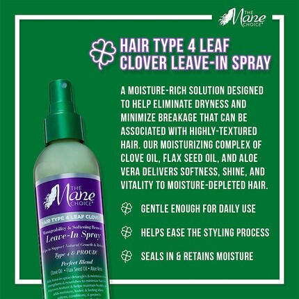 Несмываемый спрей для смягчения и укладки волос типа 4 Leaf Clover, 8 жидких унций The Mane Choice — фото 3
