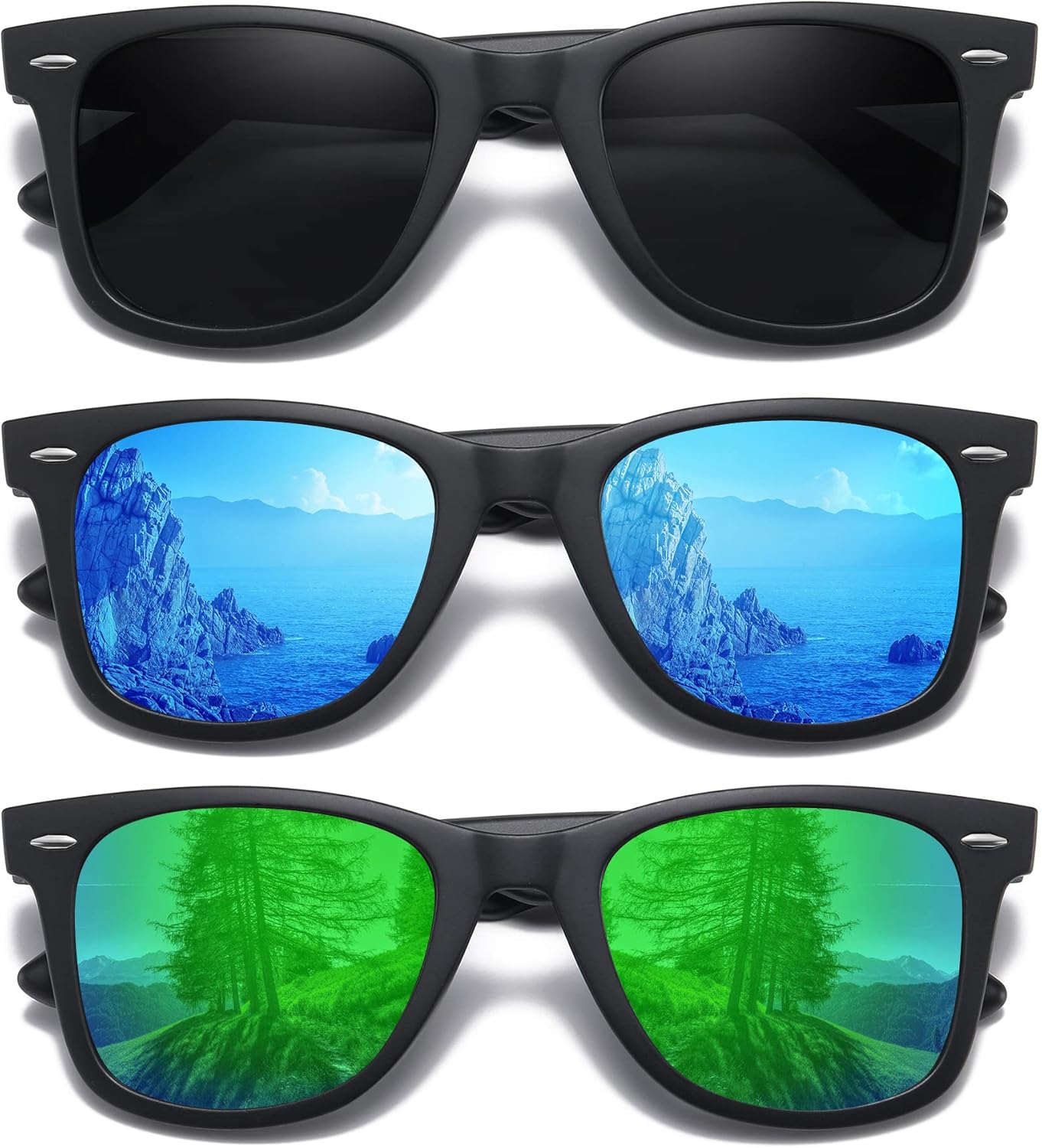 

Солнцезащитные очки MEETSUN Retro с поляризованными линзами для женщин и мужчин, классические зеркальные линзы, стильные очки для вождения, защита от УФ-излучения (3 шт.), 3 Pack Black/Blue/Green