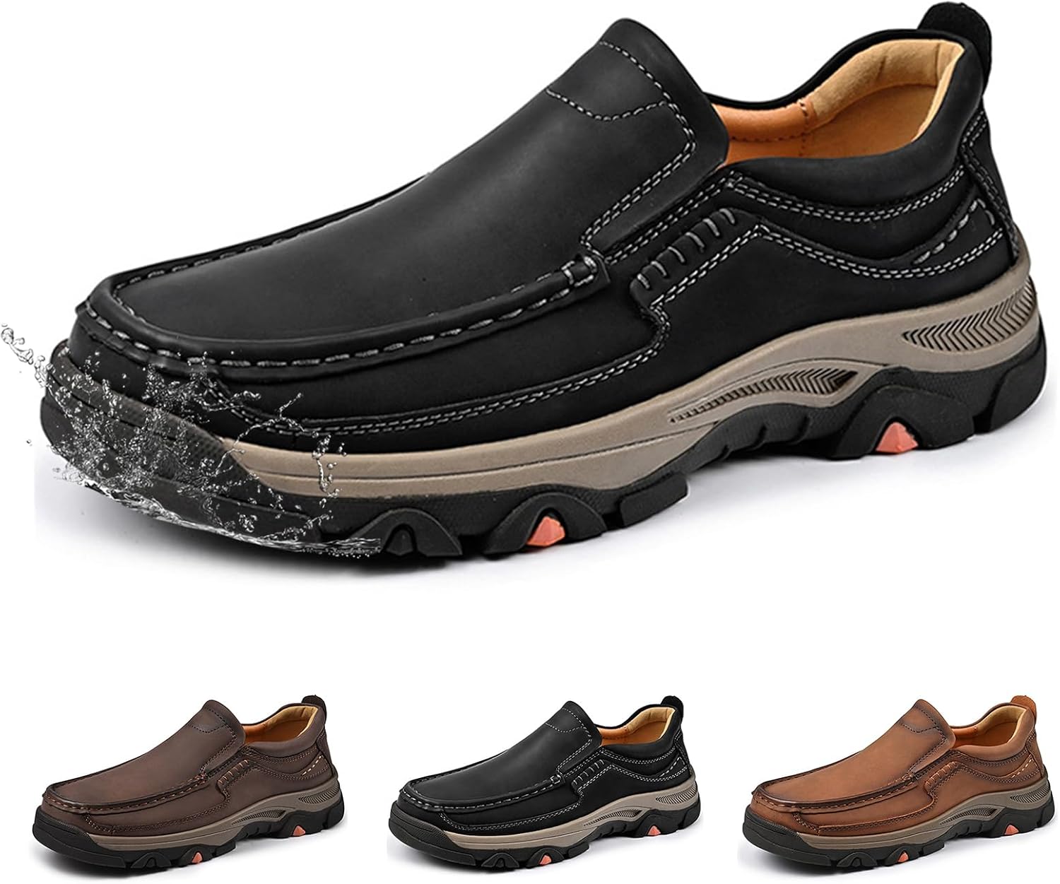 

Мужские лоферы из кожи, водонепроницаемые, без шнурков, для вождения и повседневной носки, мягкие, легкие и удобные деловые туфли для ходьбы и походов Generic, черный