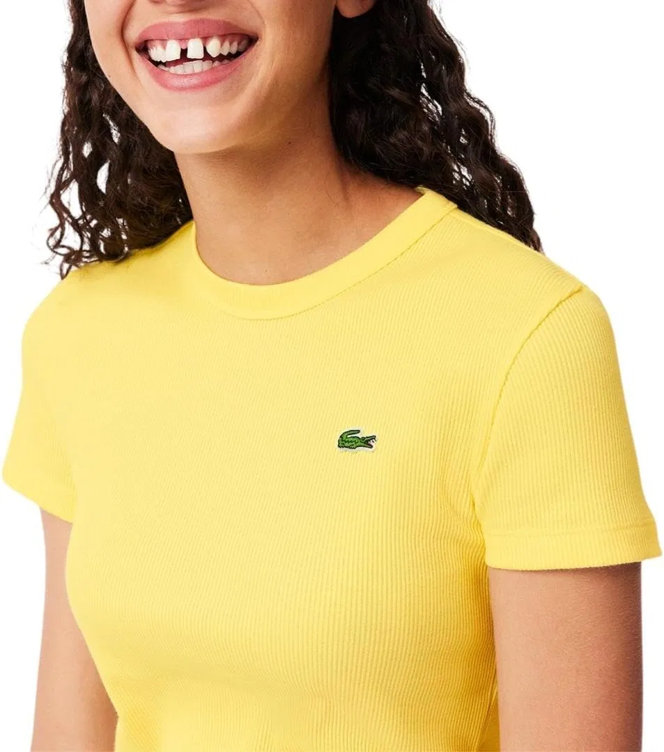 Женская хлопковая футболка Lacoste приталенного кроя, вышитый крокодил, белый — фото 4